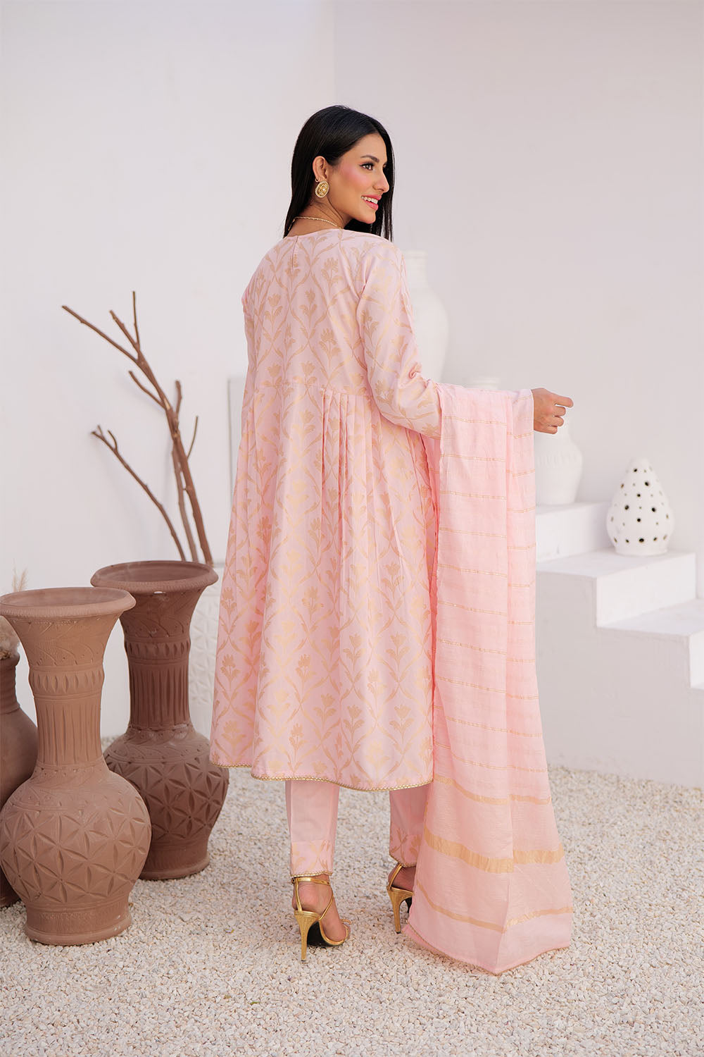 Senorita Women RTW Women Embroidered Pink and Gold Casual Plus 3 Piece Suit Cotton Jacquard LBD-02906 - Summer Collection