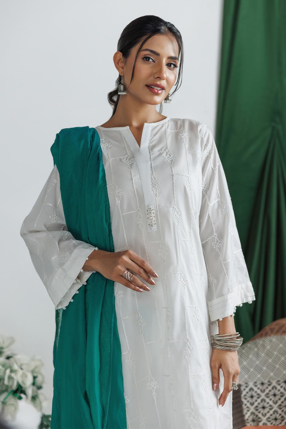 Senorita Women RTW Women Printed White Casual 3 Piece Suit Plain Cotton LAD-03145 - Summer Collection