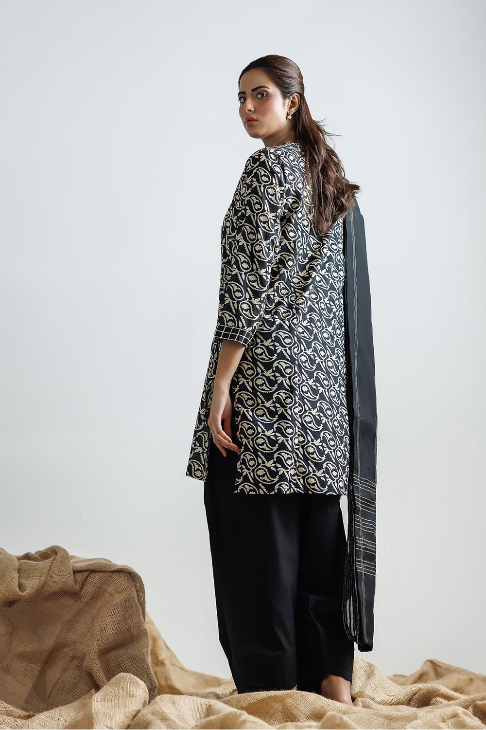 Senorita Women RTW Women Black and Fawn Casual 3 Piece Suit Cotton Printed Lawn LAD-03121 - Summer Collection