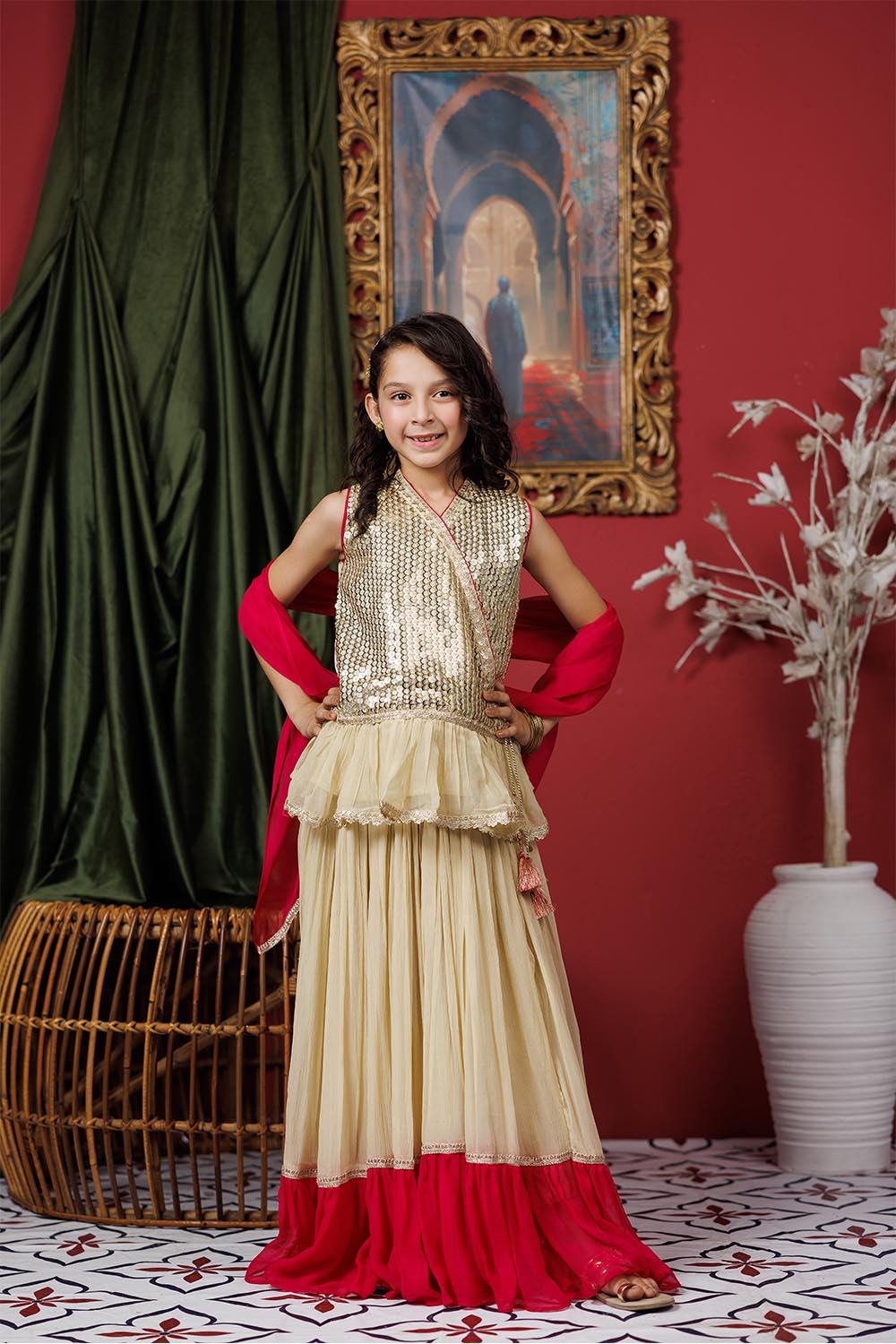 Senorita Kids RTW Kids formal clothes Fawn and Shocking Pink Formal 3 Piece Suit Viscose Crinkle Chiffon KDD-03066 - Summer Collection