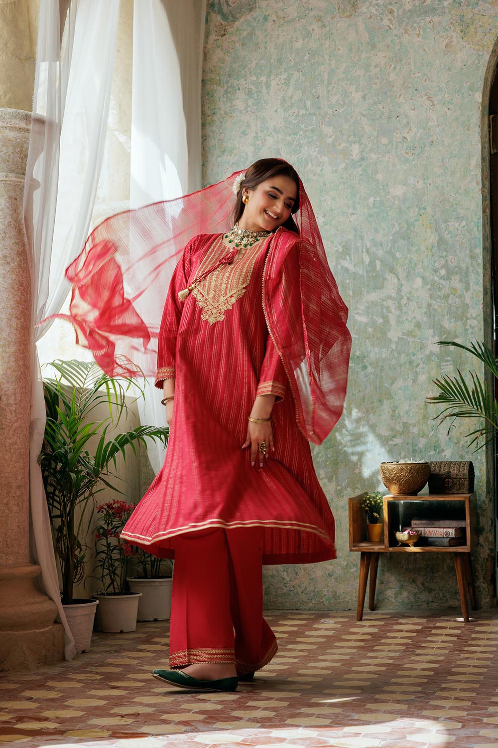 Senorita Women RTW Women Solids Red and Gold Casual Plus 3 Piece Suit Cotton Dobby LBD-02974 - Winter Collection