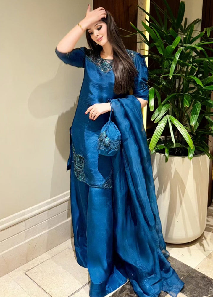 Maria Osama Khan Pret Embroidered Raw Silk 3 Piece Suit Royal Sapphire