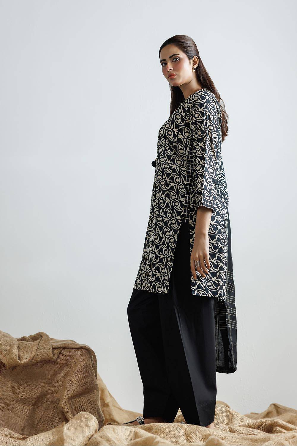 Senorita Women RTW Women Black and Fawn Casual 3 Piece Suit Cotton Printed Lawn LAD-03121 - Summer Collection