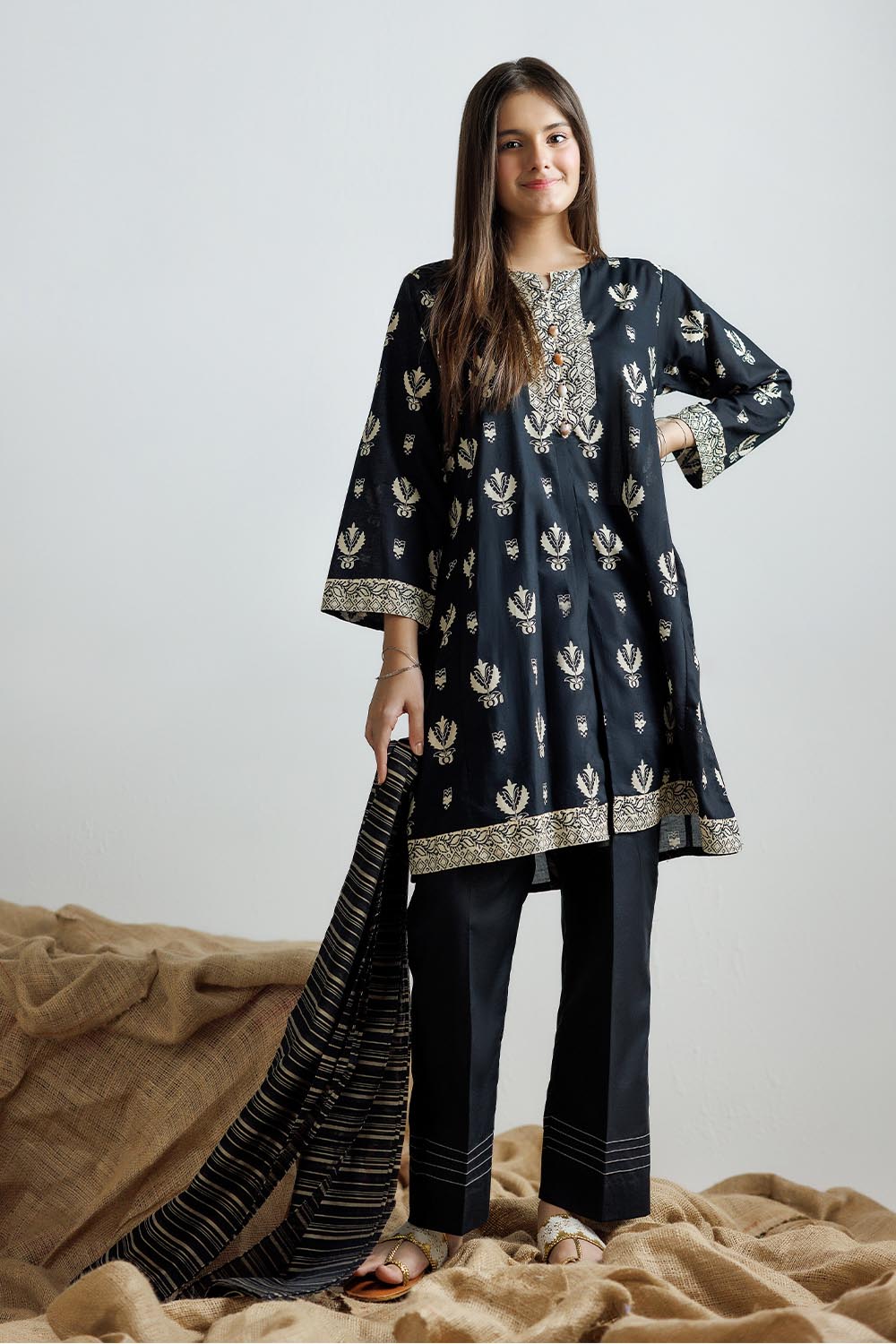 Senorita Girls Ready to Wear Girls Black and Fawn Casual 3 Piece Suit Cotton Lawn Printed GAD-03160 - Summer Collection