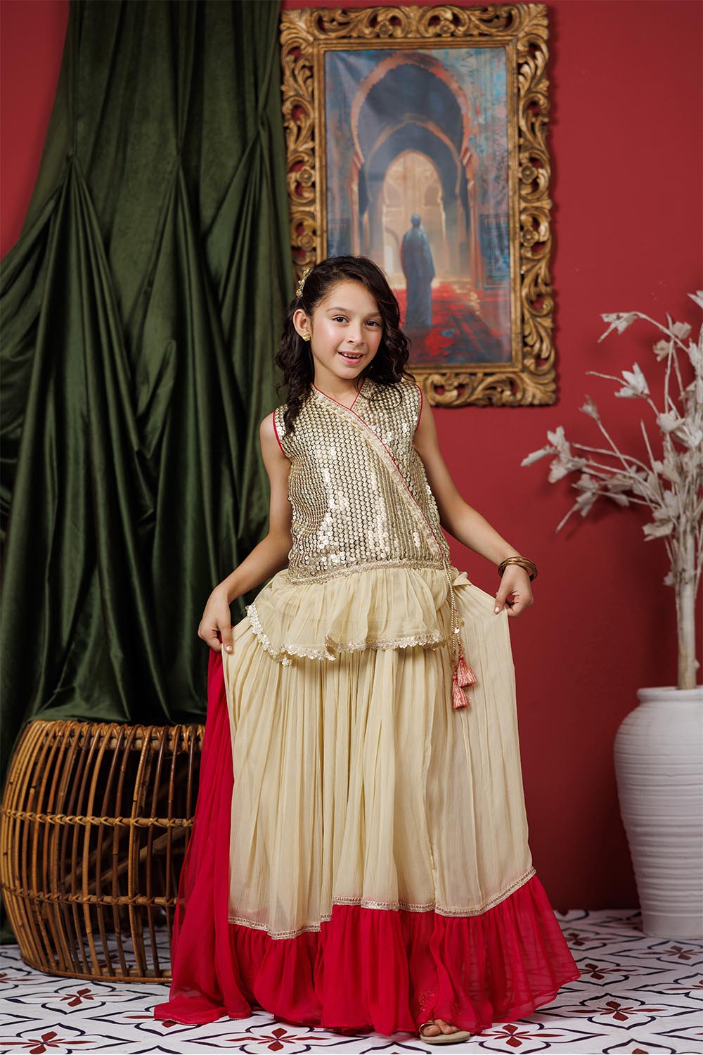 Senorita Kids RTW Kids formal clothes Fawn and Shocking Pink Formal 3 Piece Suit Viscose Crinkle Chiffon KDD-03066 - Summer Collection