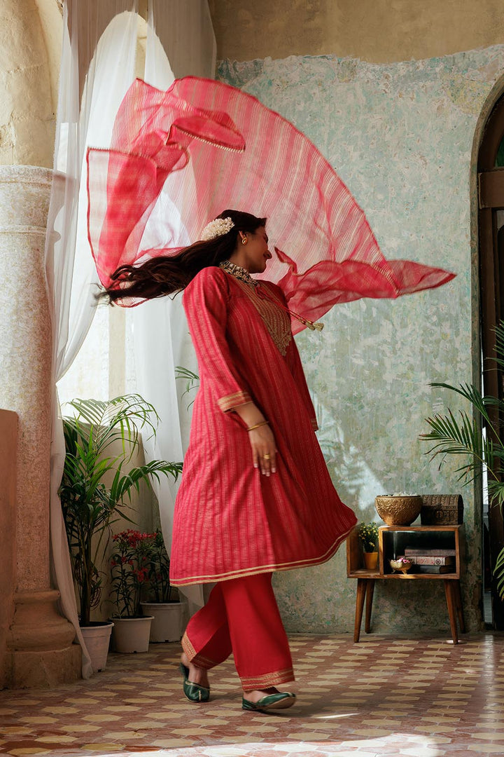 Senorita Women RTW Women Solids Red and Gold Casual Plus 3 Piece Suit Cotton Dobby LBD-02974 - Winter Collection