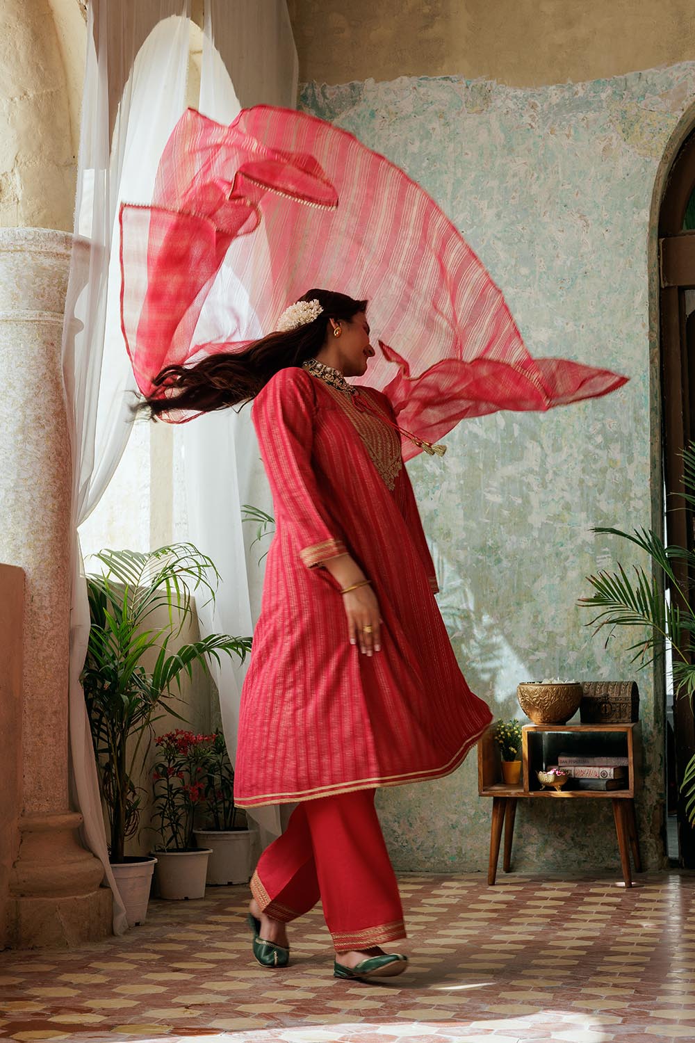 Senorita Women RTW Women Solids Red and Gold Casual Plus 3 Piece Suit Cotton Dobby LBD-02974 - Winter Collection