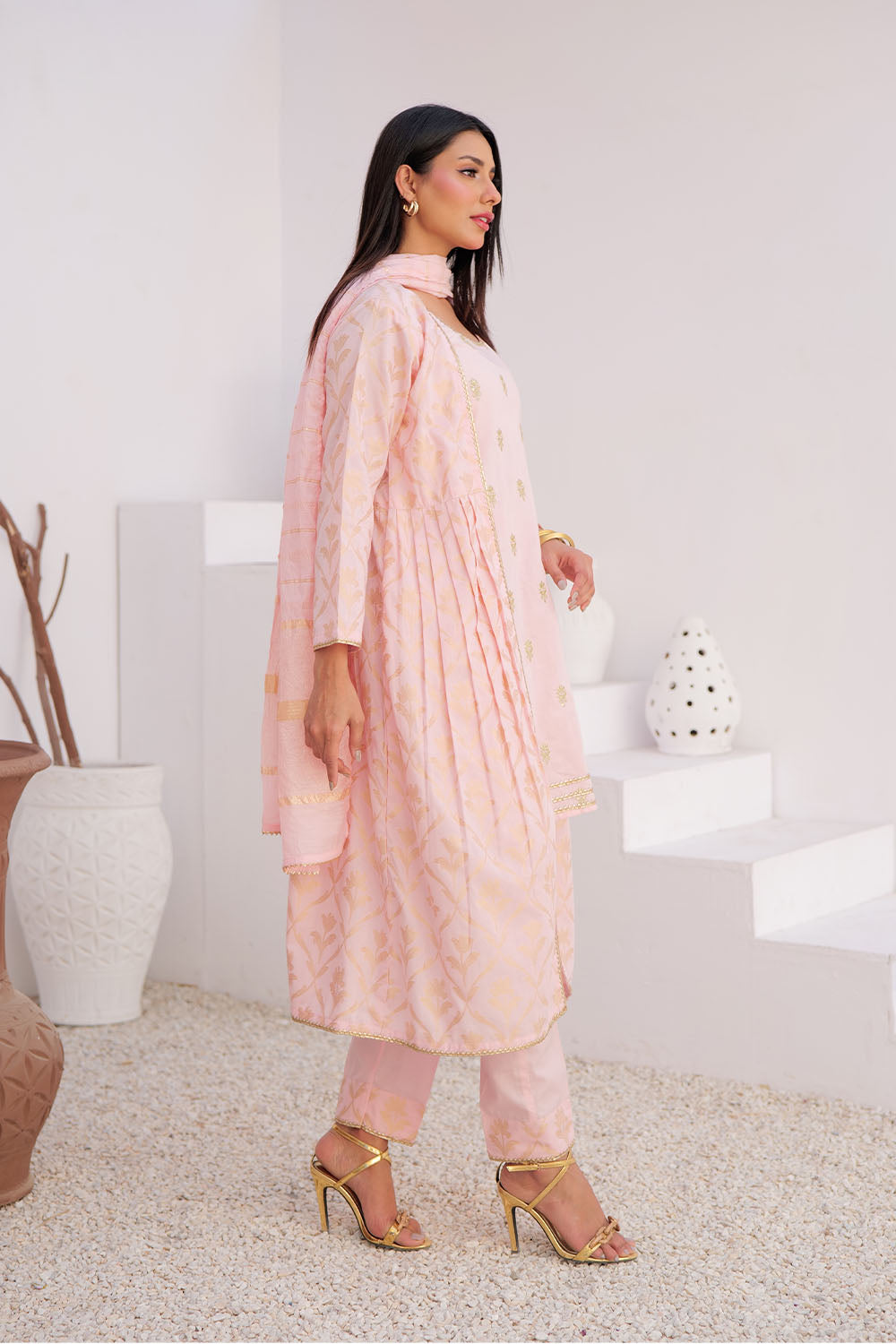 Senorita Women RTW Women Embroidered Pink and Gold Casual Plus 3 Piece Suit Cotton Jacquard LBD-02906 - Summer Collection