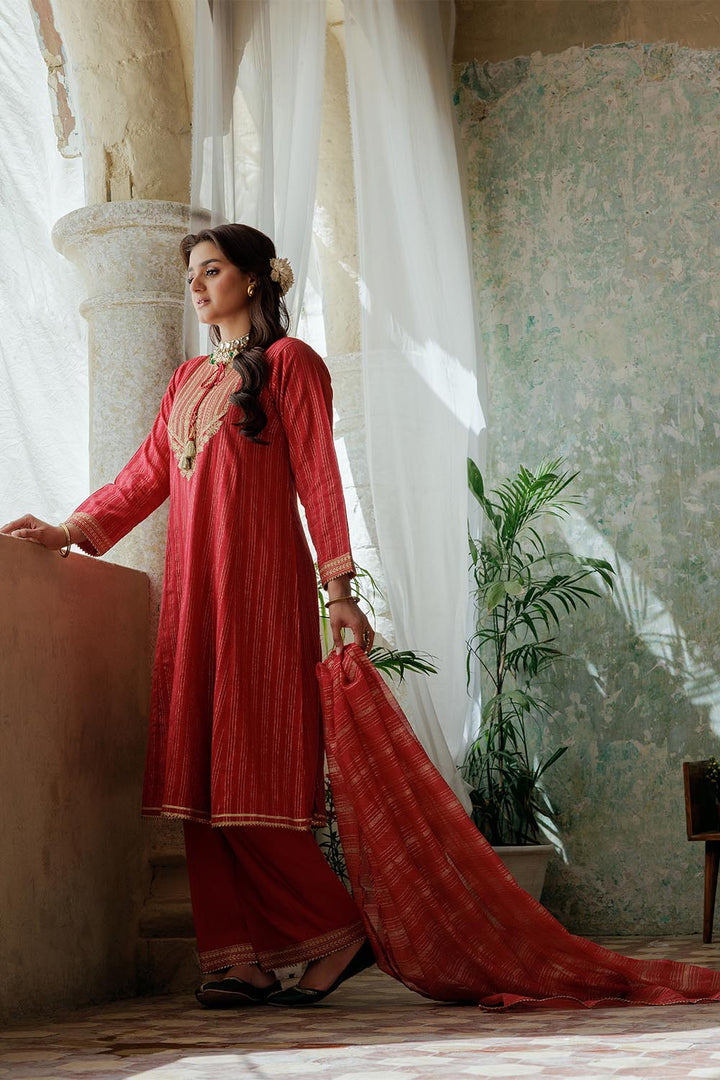 Senorita Women RTW Women Solids Red and Gold Casual Plus 3 Piece Suit Cotton Dobby LBD-02974 - Winter Collection