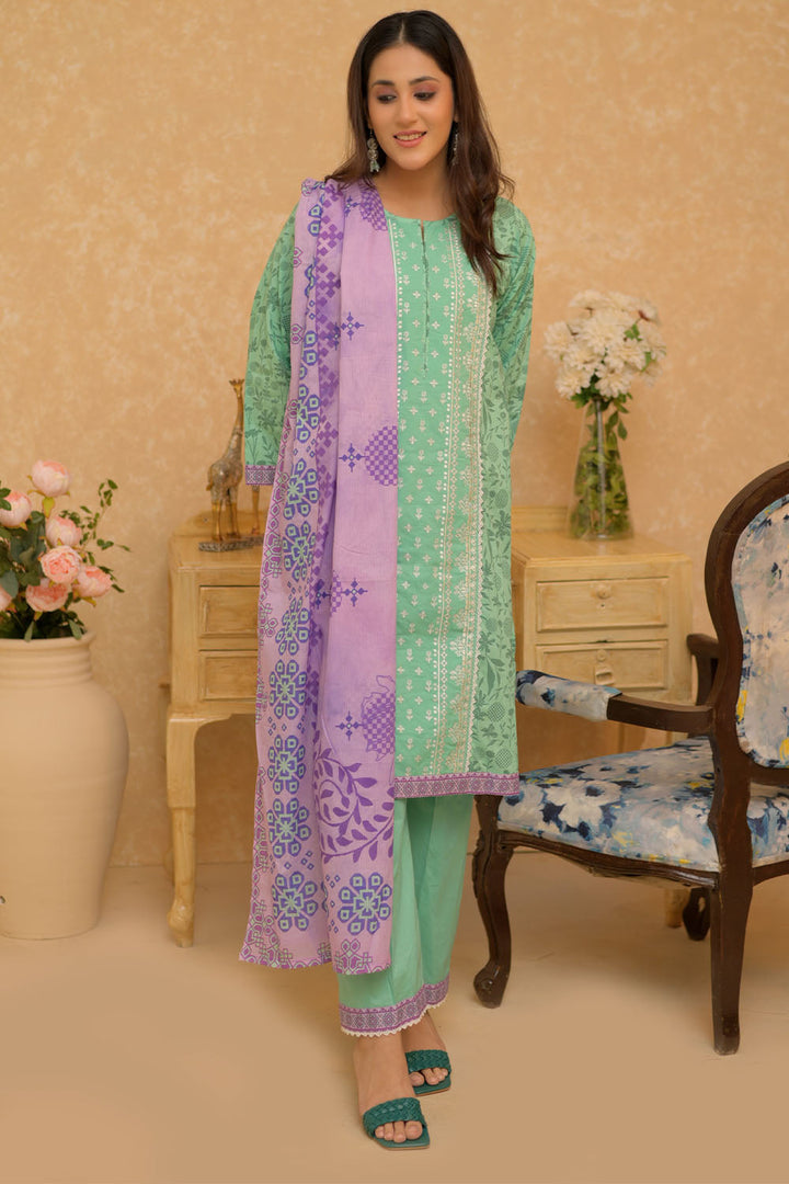 Senorita Women RTW Women Sea Green and Multicolor Casual 3 Piece Suit Cotton Lawn Printed LAD-02731 - Summer Collection