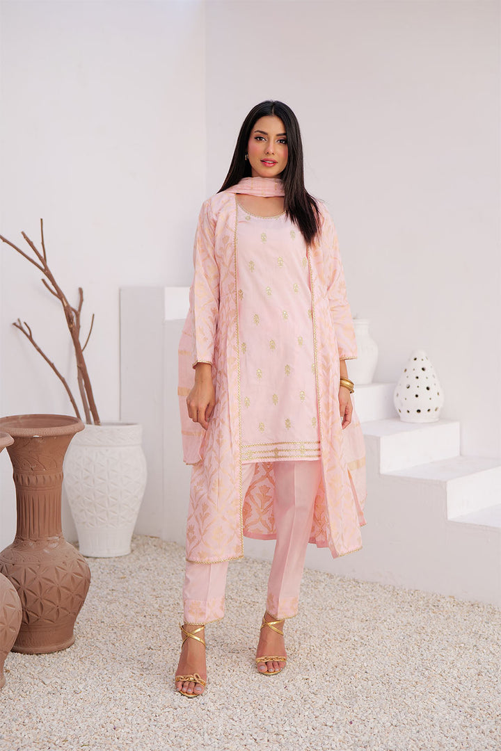 Senorita Women RTW Women Embroidered Pink and Gold Casual Plus 3 Piece Suit Cotton Jacquard LBD-02906 - Summer Collection