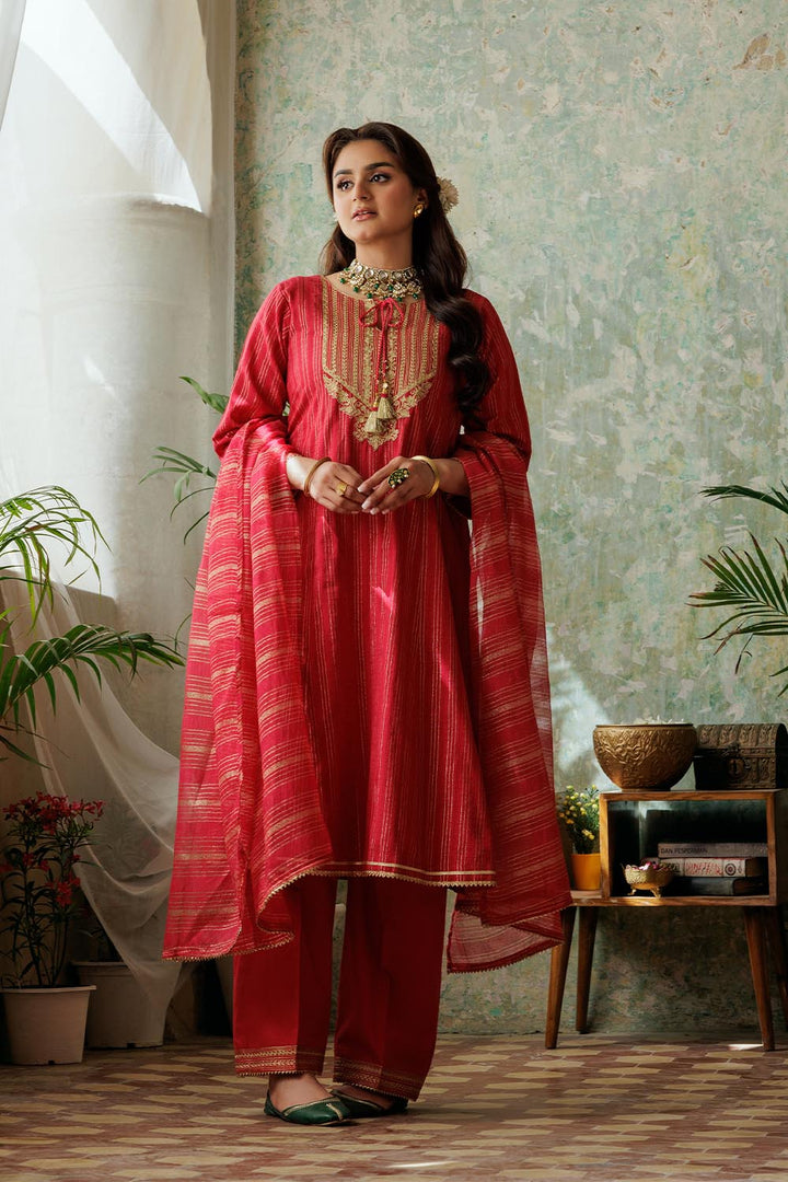 Senorita Women RTW Women Solids Red and Gold Casual Plus 3 Piece Suit Cotton Dobby LBD-02974 - Winter Collection