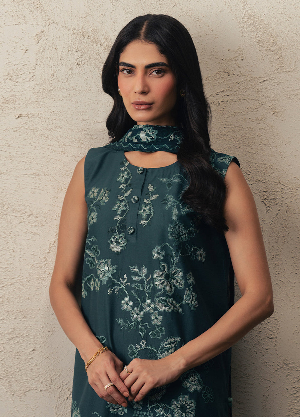 Moonsoon Edit by Cross Stitch Unstitched Embroidered Cambric 3 Piece Suit CS26UCM Emerald Teal - Casual Collection
