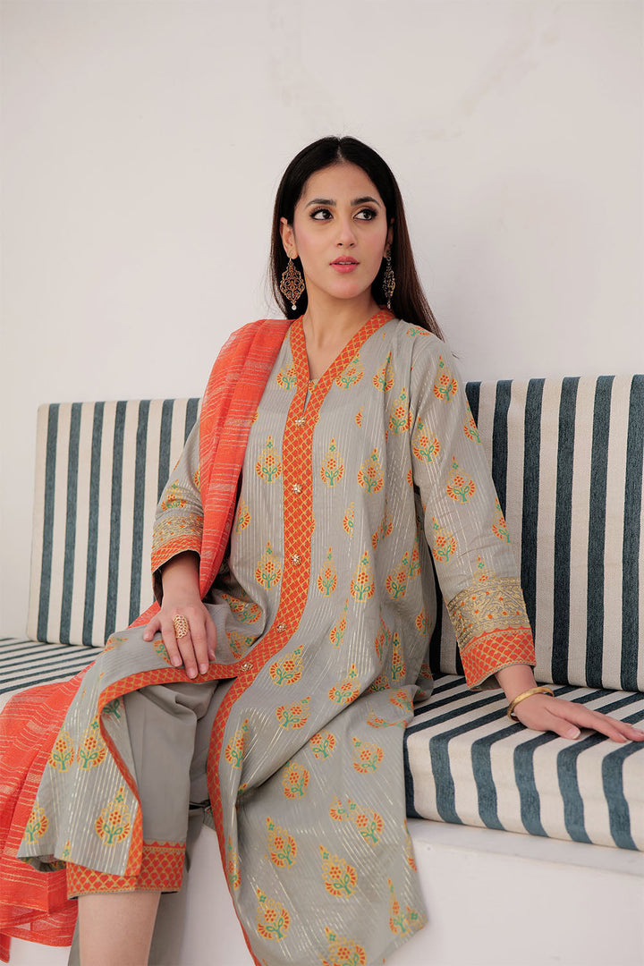 Senorita Women RTW Women Solids Grey and Multicolor Casual Plus 3 Piece Suit Cotton Dye Over Gold LBD-03036 - Summer Collection