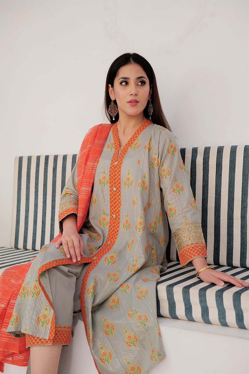 Senorita Women RTW Women Solids Grey and Multicolor Casual Plus 3 Piece Suit Cotton Dye Over Gold LBD-03036 - Summer Collection