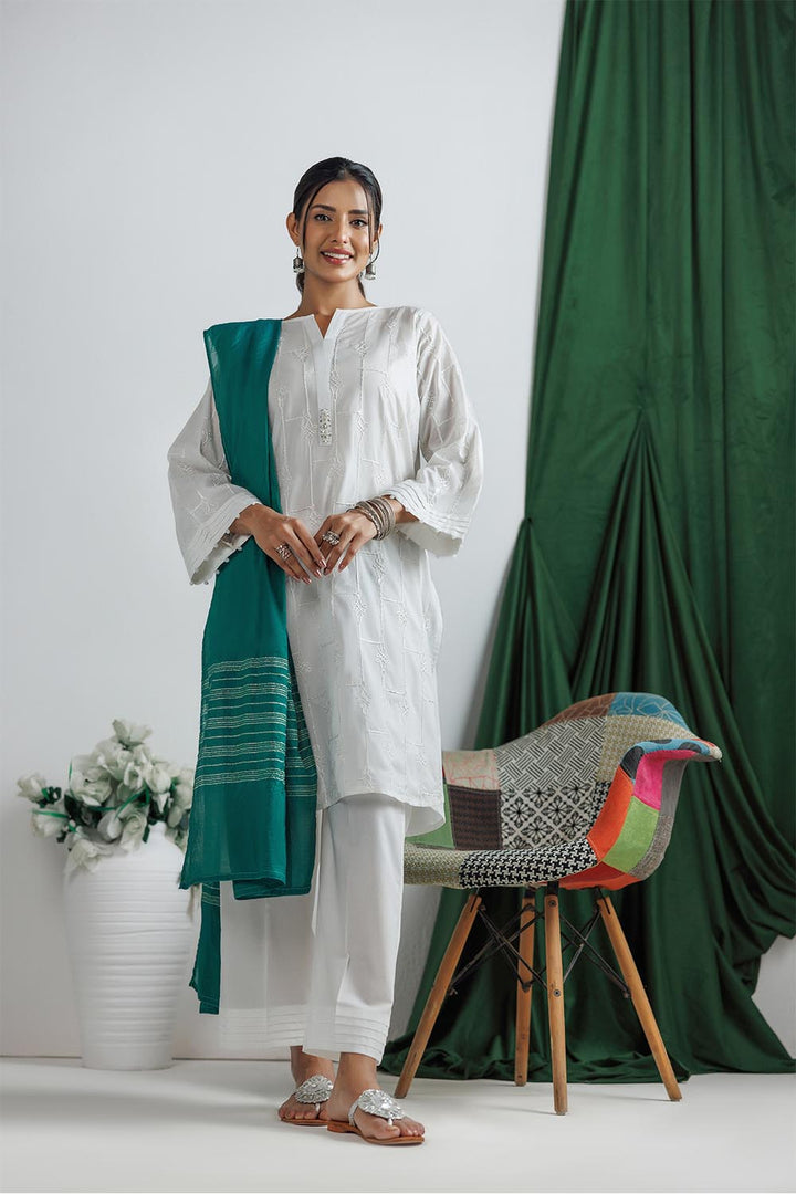 Senorita Women RTW Women Printed White Casual 3 Piece Suit Plain Cotton LAD-03145 - Summer Collection