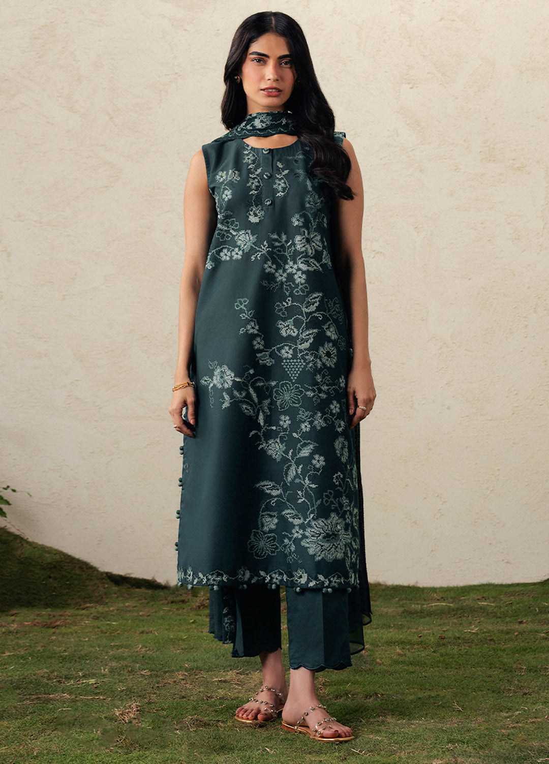 Moonsoon Edit by Cross Stitch Unstitched Embroidered Cambric 3 Piece Suit CS26UCM Emerald Teal - Casual Collection