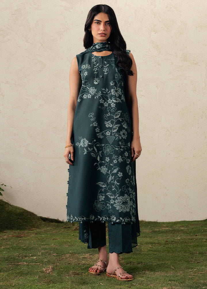 Moonsoon Edit by Cross Stitch Unstitched Embroidered Cambric 3 Piece Suit CS26UCM Emerald Teal - Casual Collection