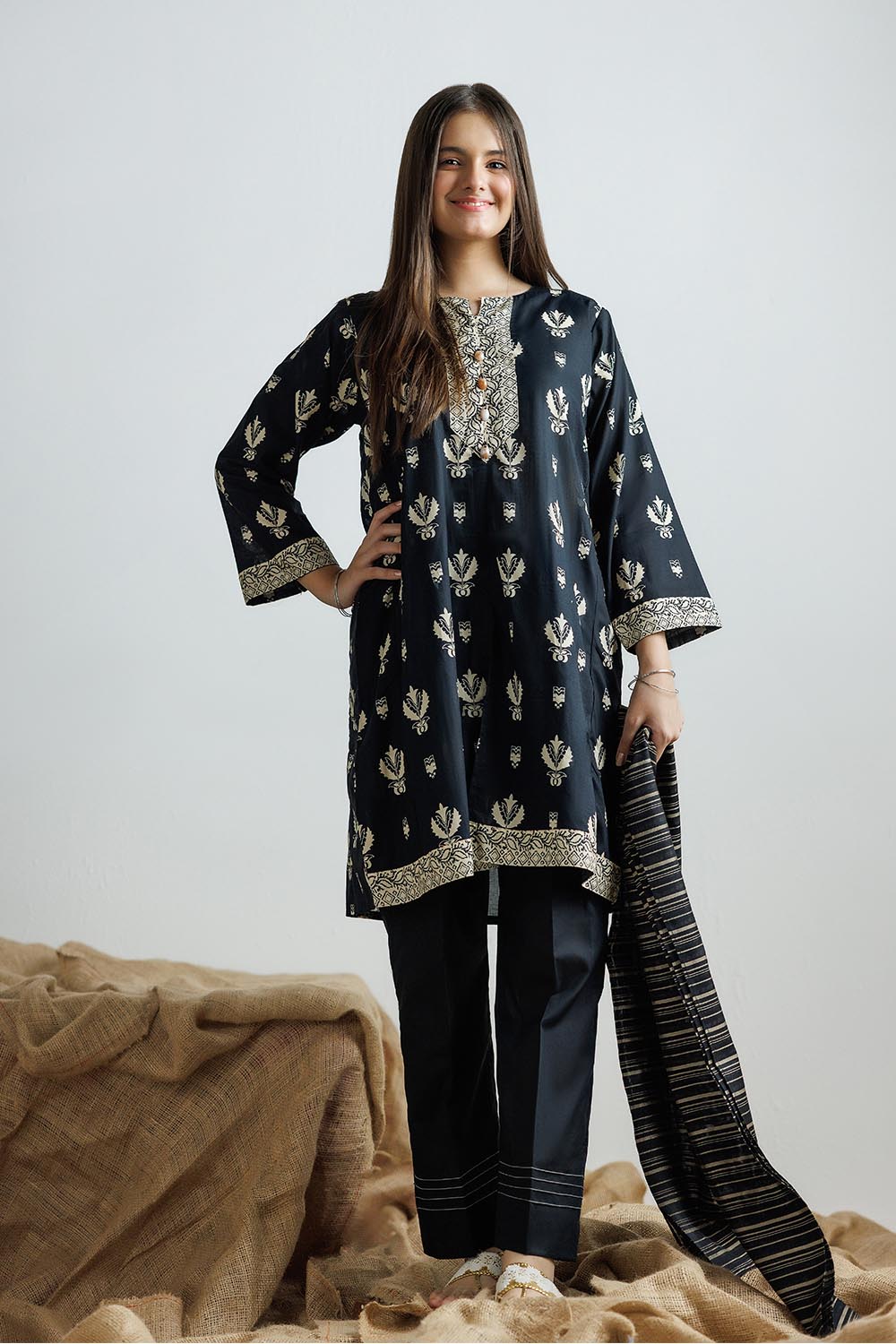 Senorita Girls Ready to Wear Girls Black and Fawn Casual 3 Piece Suit Cotton Lawn Printed GAD-03160 - Summer Collection