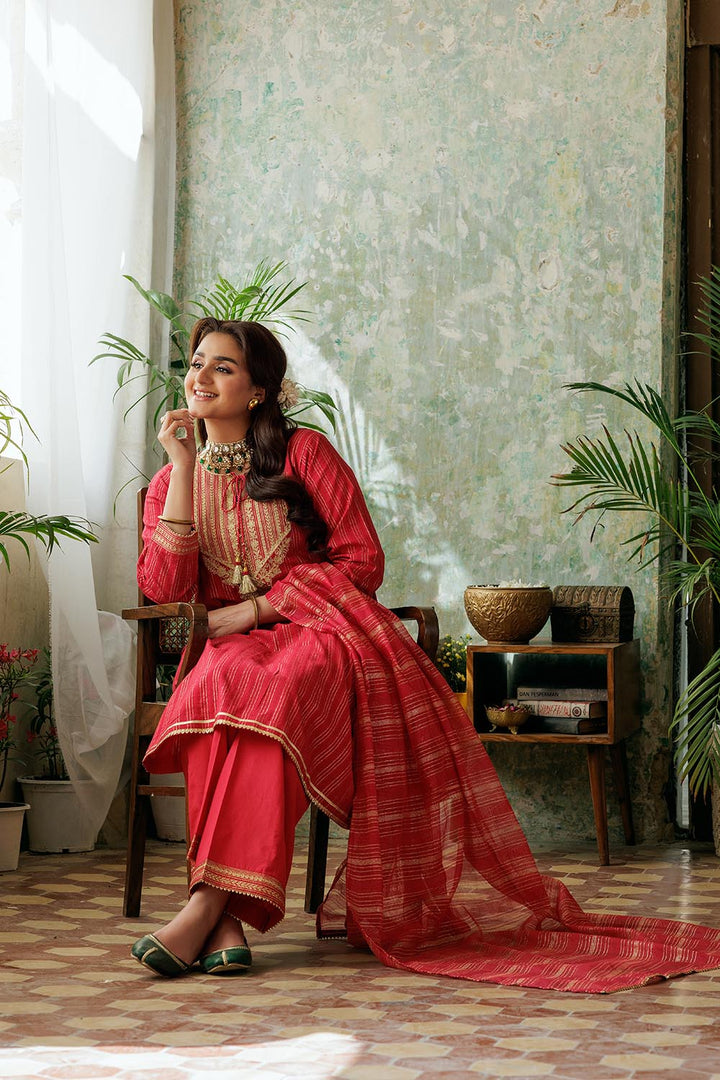 Senorita Women RTW Women Solids Red and Gold Casual Plus 3 Piece Suit Cotton Dobby LBD-02974 - Winter Collection