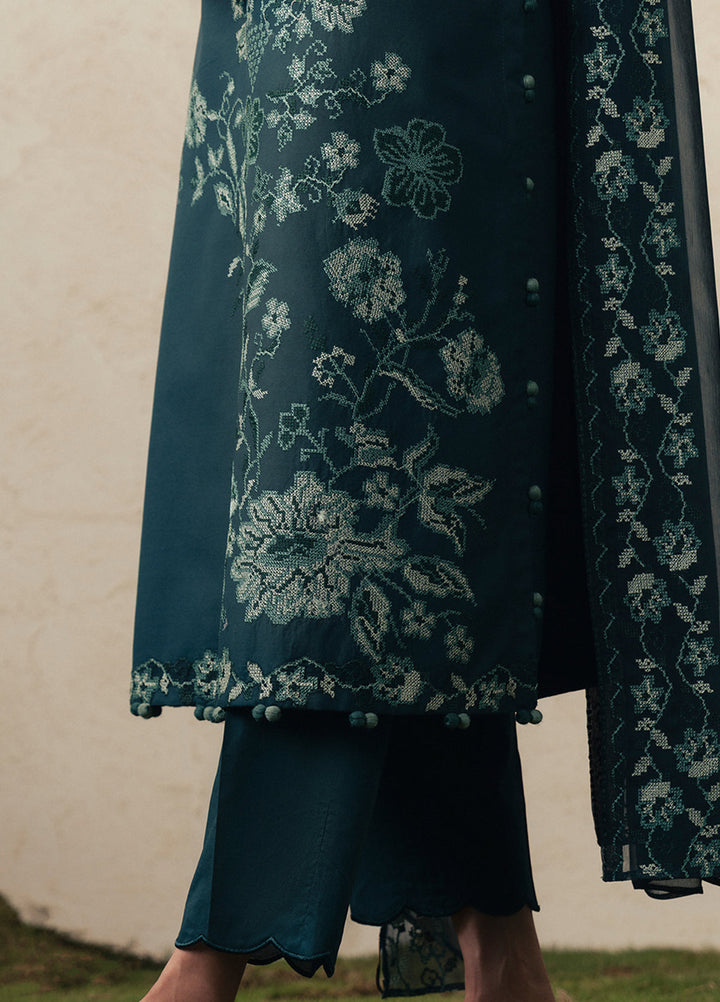 Moonsoon Edit by Cross Stitch Unstitched Embroidered Cambric 3 Piece Suit CS26UCM Emerald Teal - Casual Collection