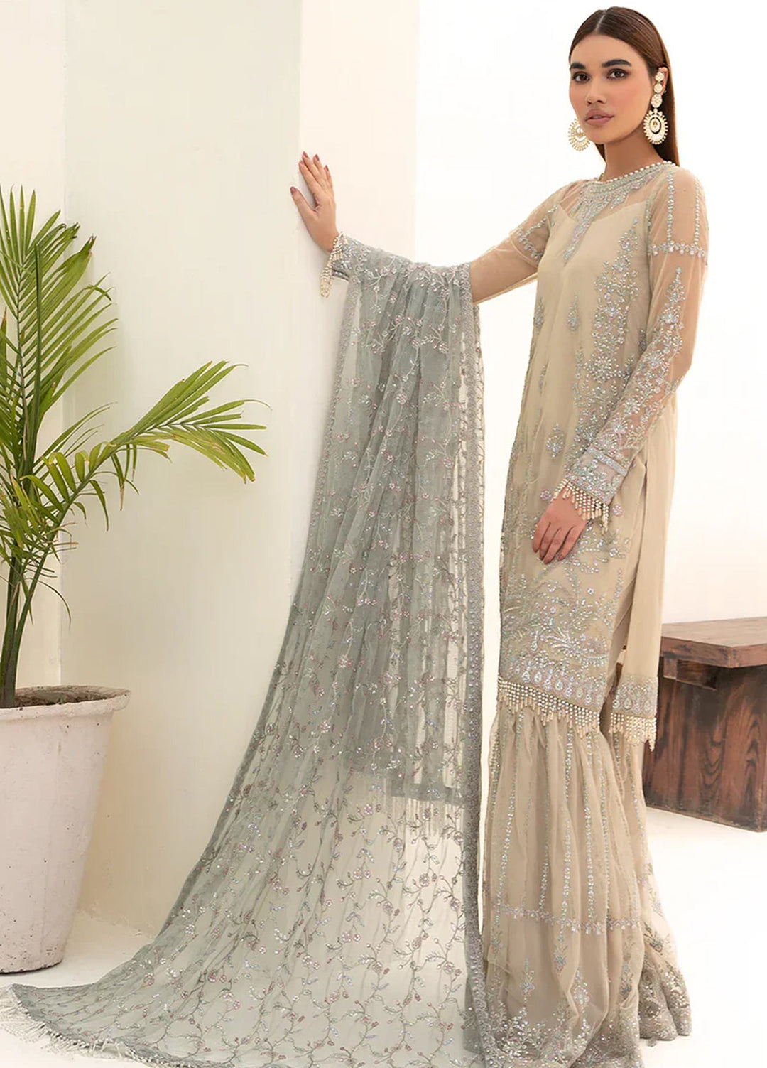Nazneen By Zarif Embroidered Net Suits Unstitched 4 Piece ZR25UF ZN 04 Moon Light - Luxury Formal Collection