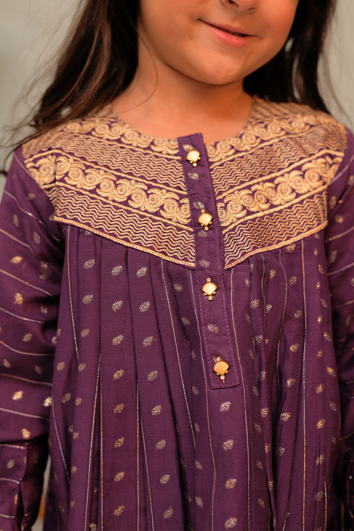 Senorita Kids RTW Purple and Gold Casual Plus 3 Piece Suit Viscose Filament Jacquard KBD-02710 - Summer Collection