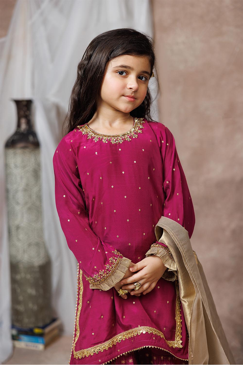 Senorita Kids RTW Magenta and Gold Formal 3 Piece Suit Viscose Raw-Silk KDD-03074 - Summer Collection