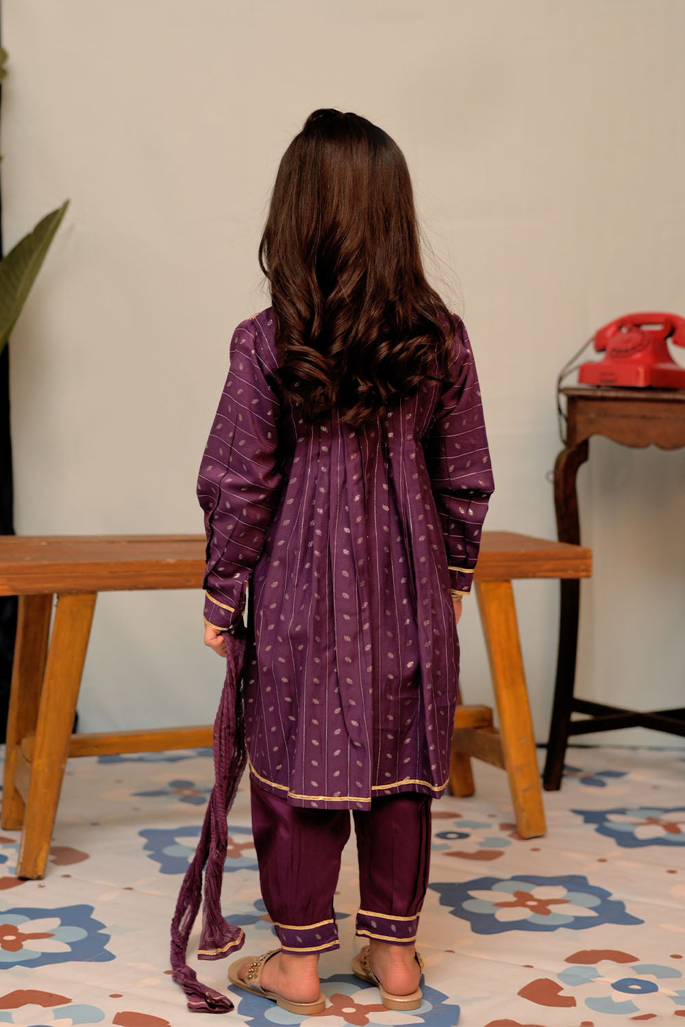 Senorita Kids RTW Purple and Gold Casual Plus 3 Piece Suit Viscose Filament Jacquard KBD-02710 - Summer Collection