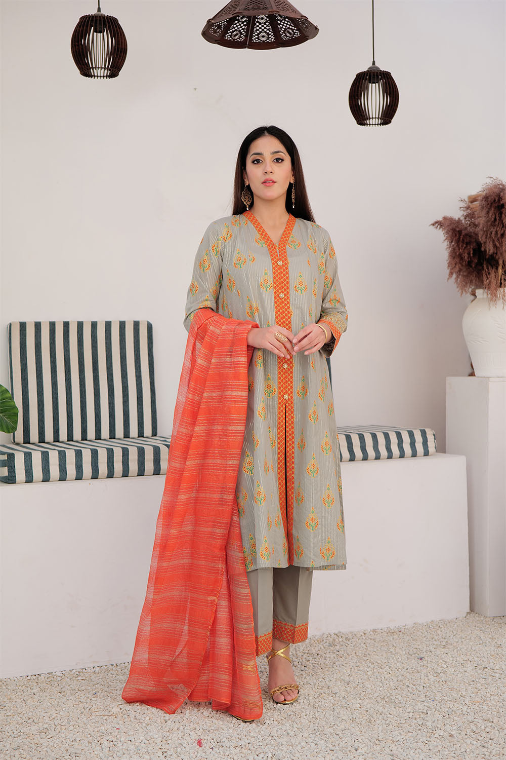 Senorita Women RTW Women Solids Grey and Multicolor Casual Plus 3 Piece Suit Cotton Dye Over Gold LBD-03036 - Summer Collection