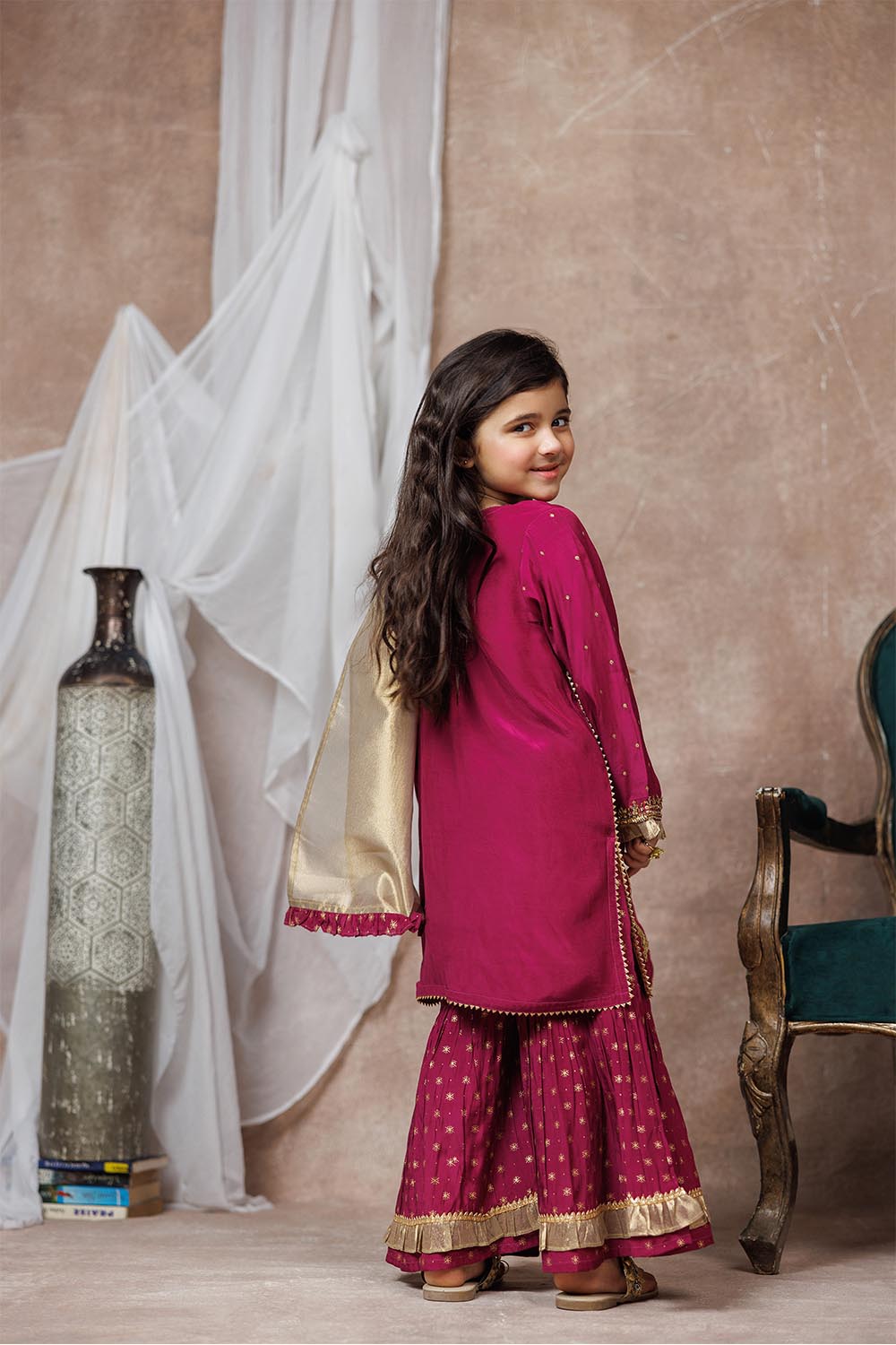 Senorita Kids RTW Magenta and Gold Formal 3 Piece Suit Viscose Raw-Silk KDD-03074 - Summer Collection