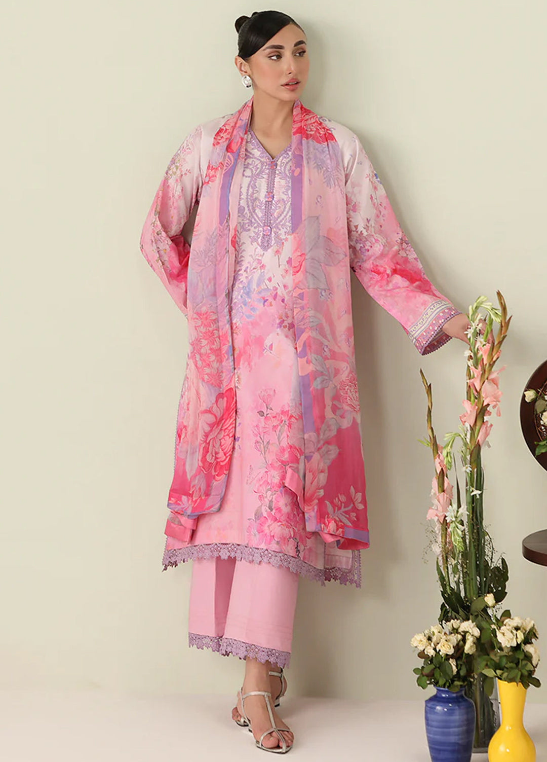 Rosette by Roheenaz Unstitched Lawn Embroidered 3 Piece Suit RNZ26UR Petal Whispers-2A - Summer Collection