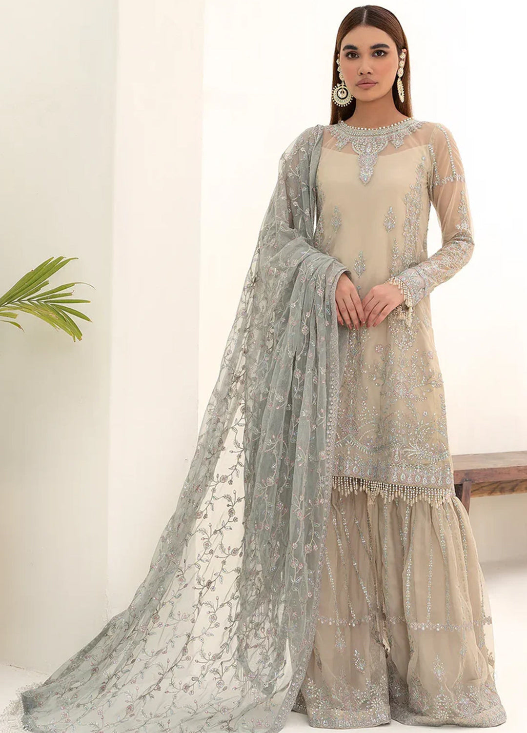 Nazneen By Zarif Embroidered Net Suits Unstitched 4 Piece ZR25UF ZN 04 Moon Light - Luxury Formal Collection