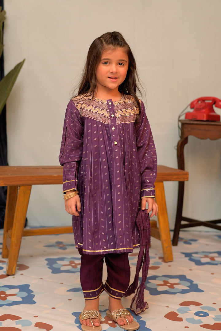 Senorita Kids RTW Purple and Gold Casual Plus 3 Piece Suit Viscose Filament Jacquard KBD-02710 - Summer Collection