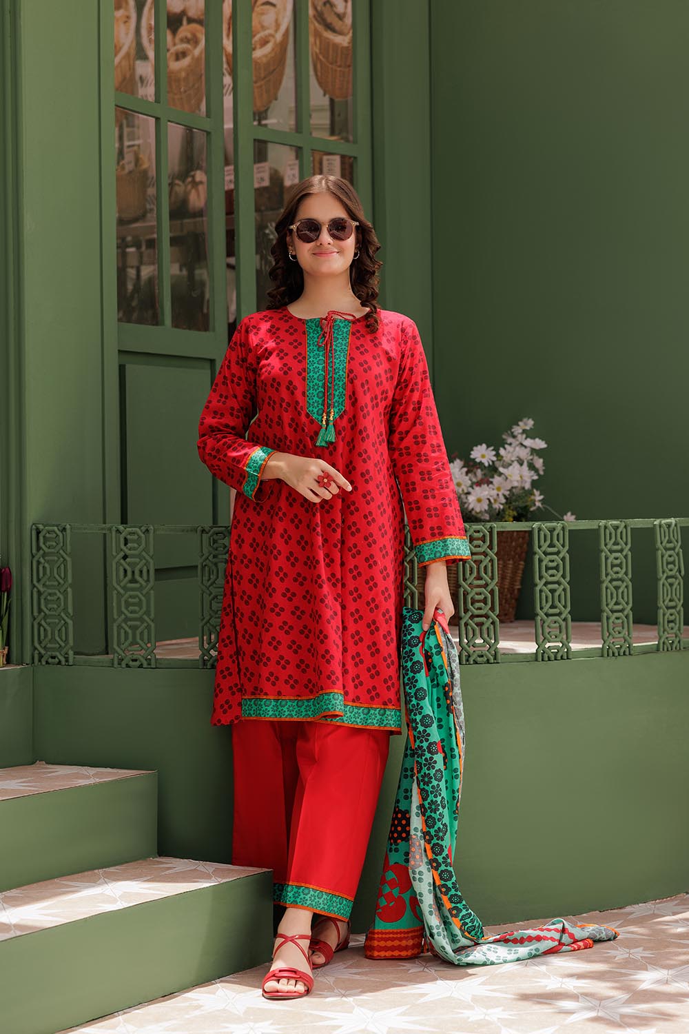 Senorita Girls Ready to Wear Girls Red and Multicolor Casual 3 Piece Suit Cotton Lawn Printed GAD-03058 - Summer Collection