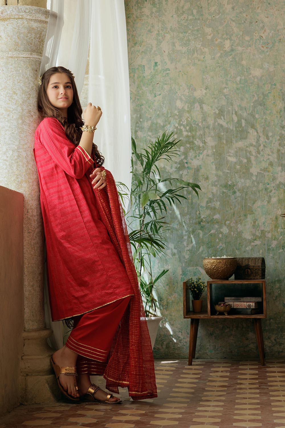 Senorita Girls Ready to Wear Girls Red and Gold Casual 3 Piece Suit Cotton Dobby Solids GBD-02975 - Summer Collection