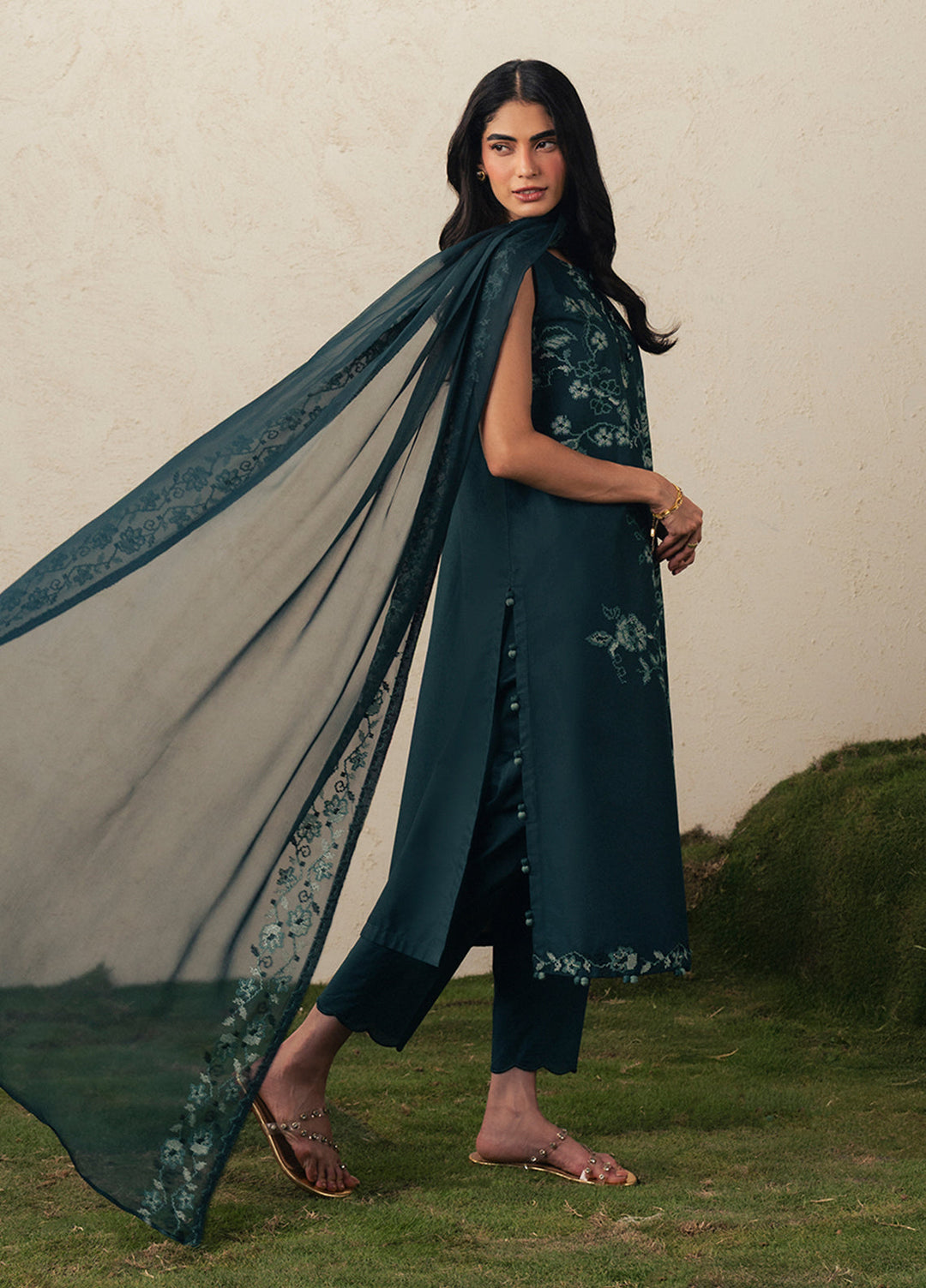 Moonsoon Edit by Cross Stitch Unstitched Embroidered Cambric 3 Piece Suit CS26UCM Emerald Teal - Casual Collection