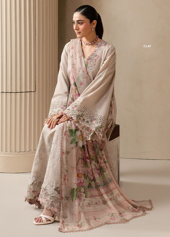 E-Craft by Elaf Unstitched Embroidered Lawn 3 Piece Suit EHC-6B Clay - Casual Collection