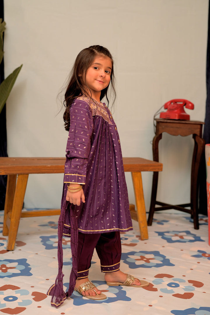Senorita Kids RTW Purple and Gold Casual Plus 3 Piece Suit Viscose Filament Jacquard KBD-02710 - Summer Collection