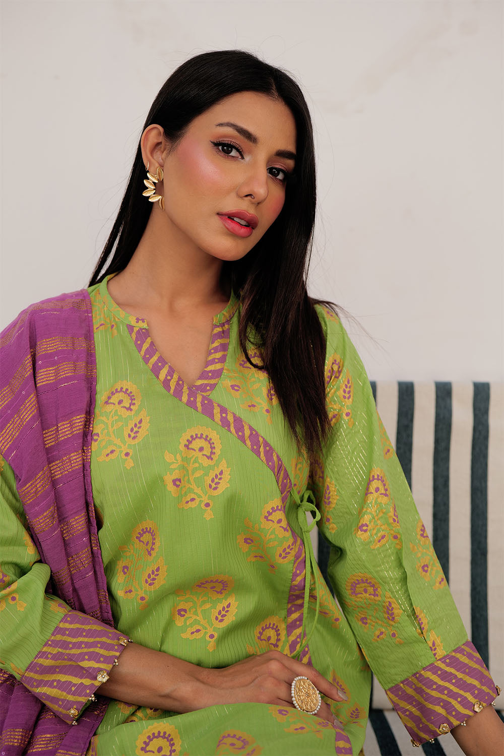 Senorita Women RTW Women Embroidered Parrot Green and Multicolor Casual Plus 3 Piece Suit Cotton Dye over Gold LBD-03021 - Summer Collection