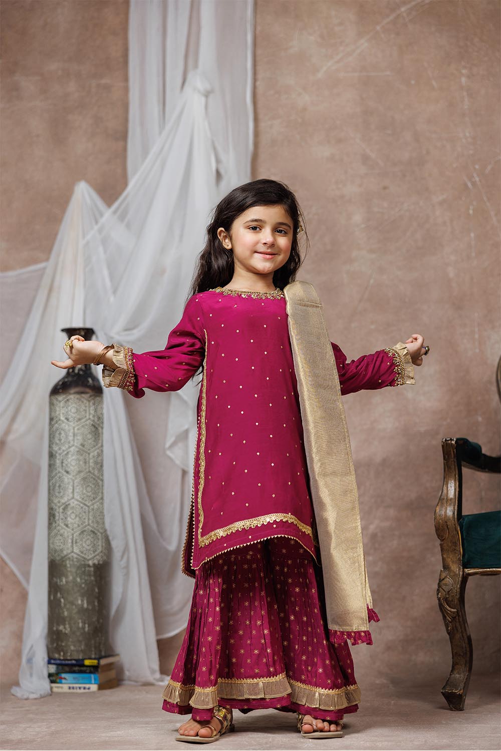 Senorita Kids RTW Magenta and Gold Formal 3 Piece Suit Viscose Raw-Silk KDD-03074 - Summer Collection