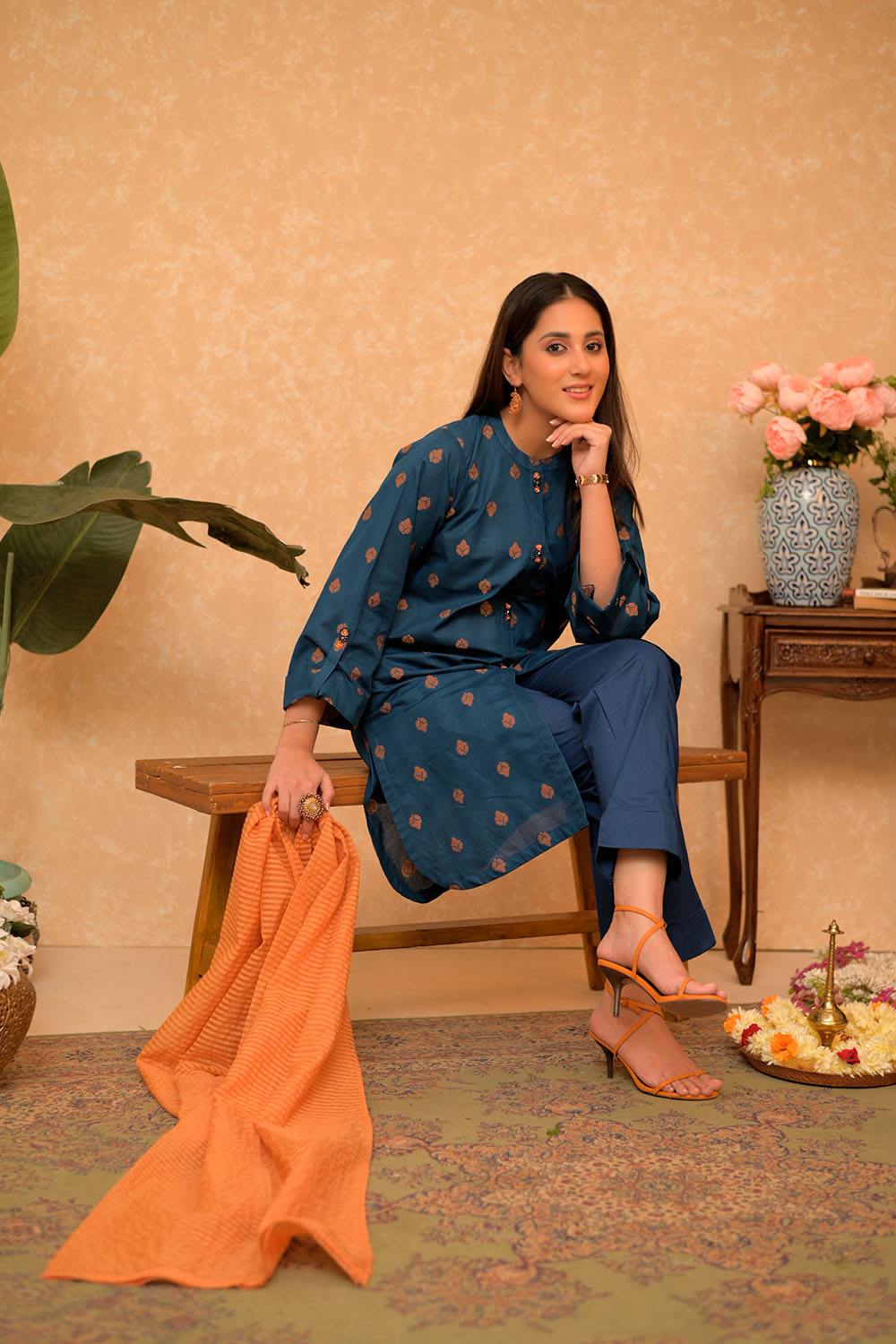 Senorita Women RTW Women Printed Blue and Orange Casual 3 Piece Suit Cotton Jacquard LAD-02919 - Summer Collection