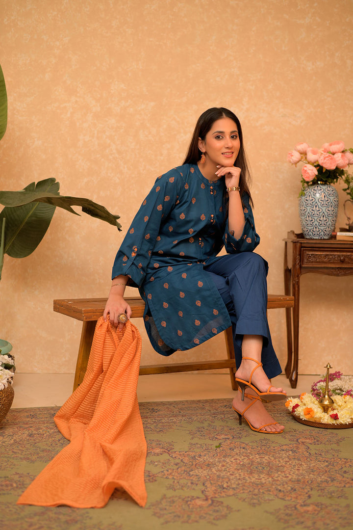 Senorita Women RTW Women Printed Blue and Orange Casual 3 Piece Suit Cotton Jacquard LAD-02919 - Summer Collection