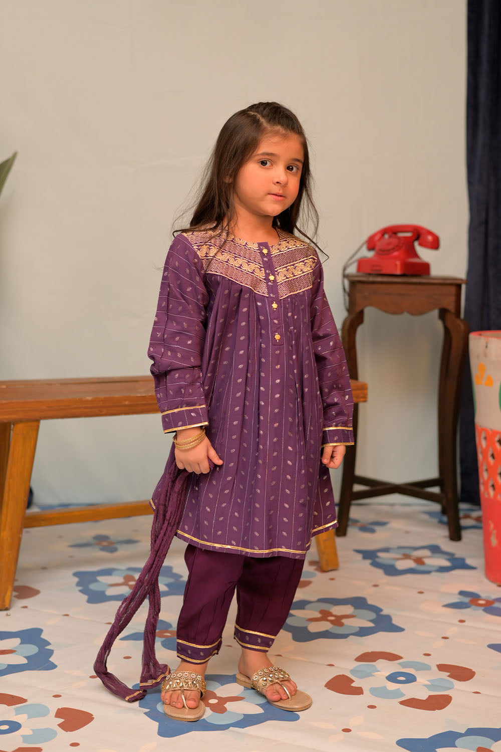 Senorita Kids RTW Purple and Gold Casual Plus 3 Piece Suit Viscose Filament Jacquard KBD-02710 - Summer Collection