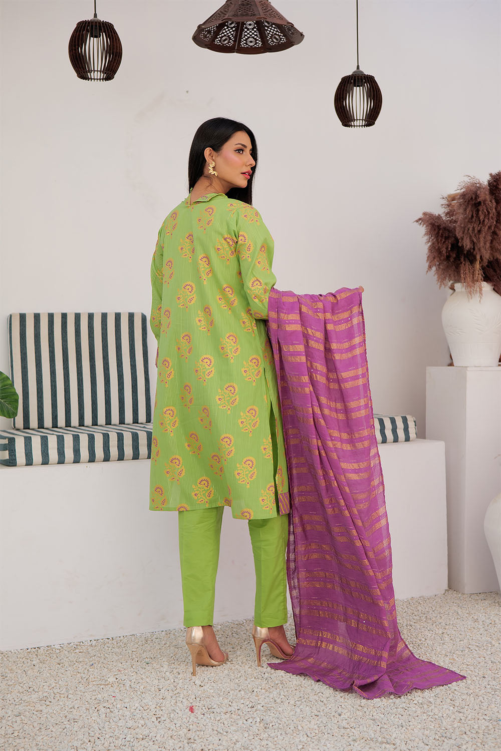 Senorita Women RTW Women Embroidered Parrot Green and Multicolor Casual Plus 3 Piece Suit Cotton Dye over Gold LBD-03021 - Summer Collection