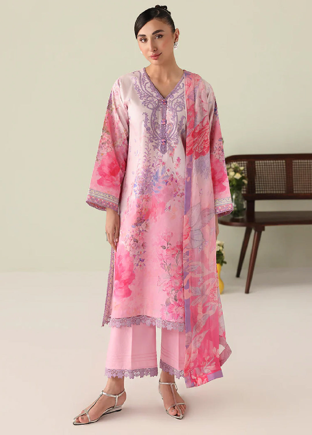 Rosette by Roheenaz Unstitched Lawn Embroidered 3 Piece Suit RNZ26UR Petal Whispers-2A - Summer Collection