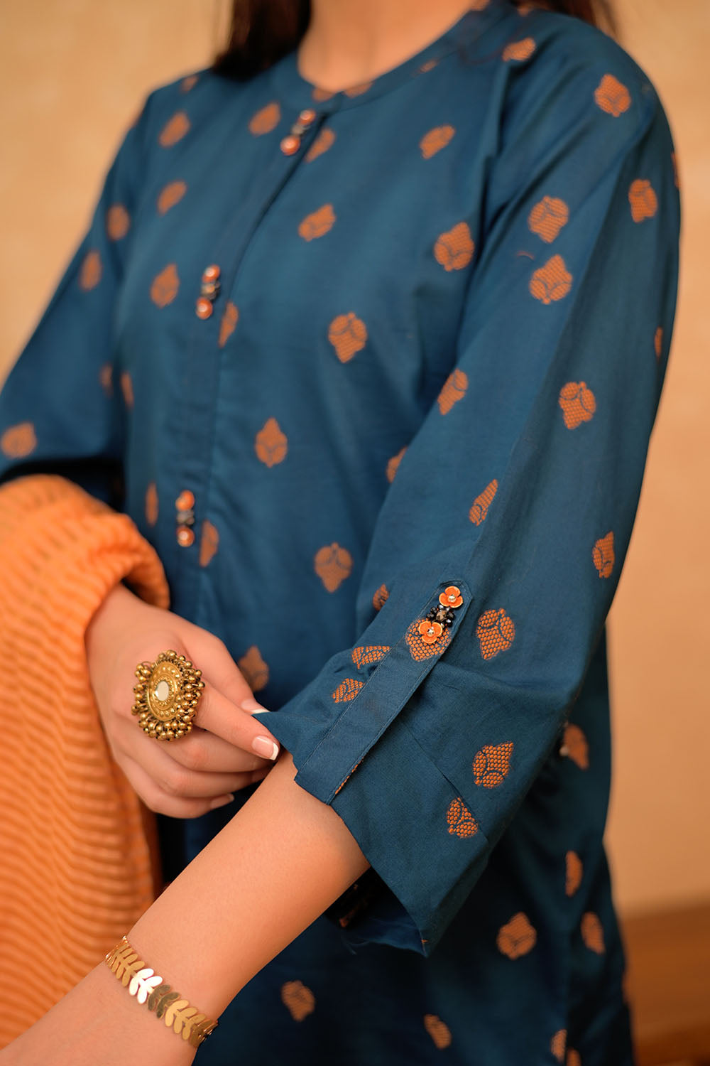 Senorita Women RTW Women Printed Blue and Orange Casual 3 Piece Suit Cotton Jacquard LAD-02919 - Summer Collection