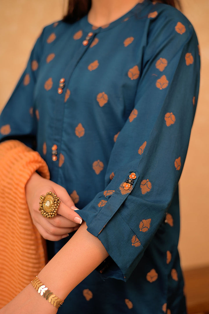 Senorita Women RTW Women Printed Blue and Orange Casual 3 Piece Suit Cotton Jacquard LAD-02919 - Summer Collection