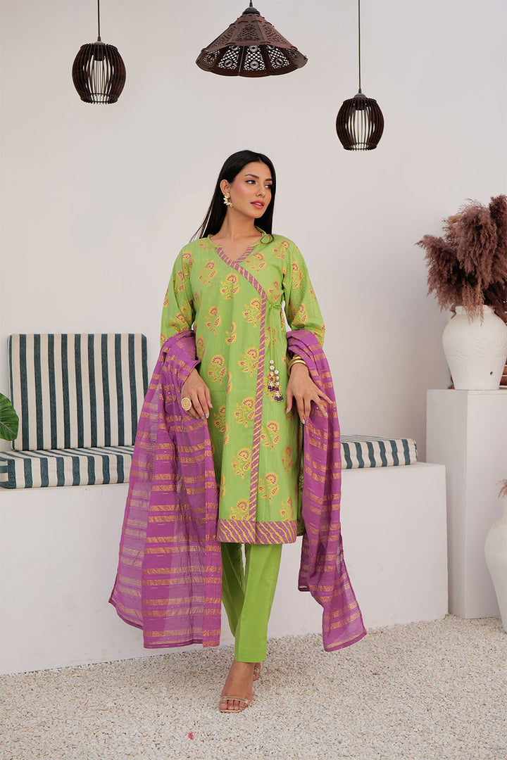 Senorita Women RTW Women Embroidered Parrot Green and Multicolor Casual Plus 3 Piece Suit Cotton Dye over Gold LBD-03021 - Summer Collection