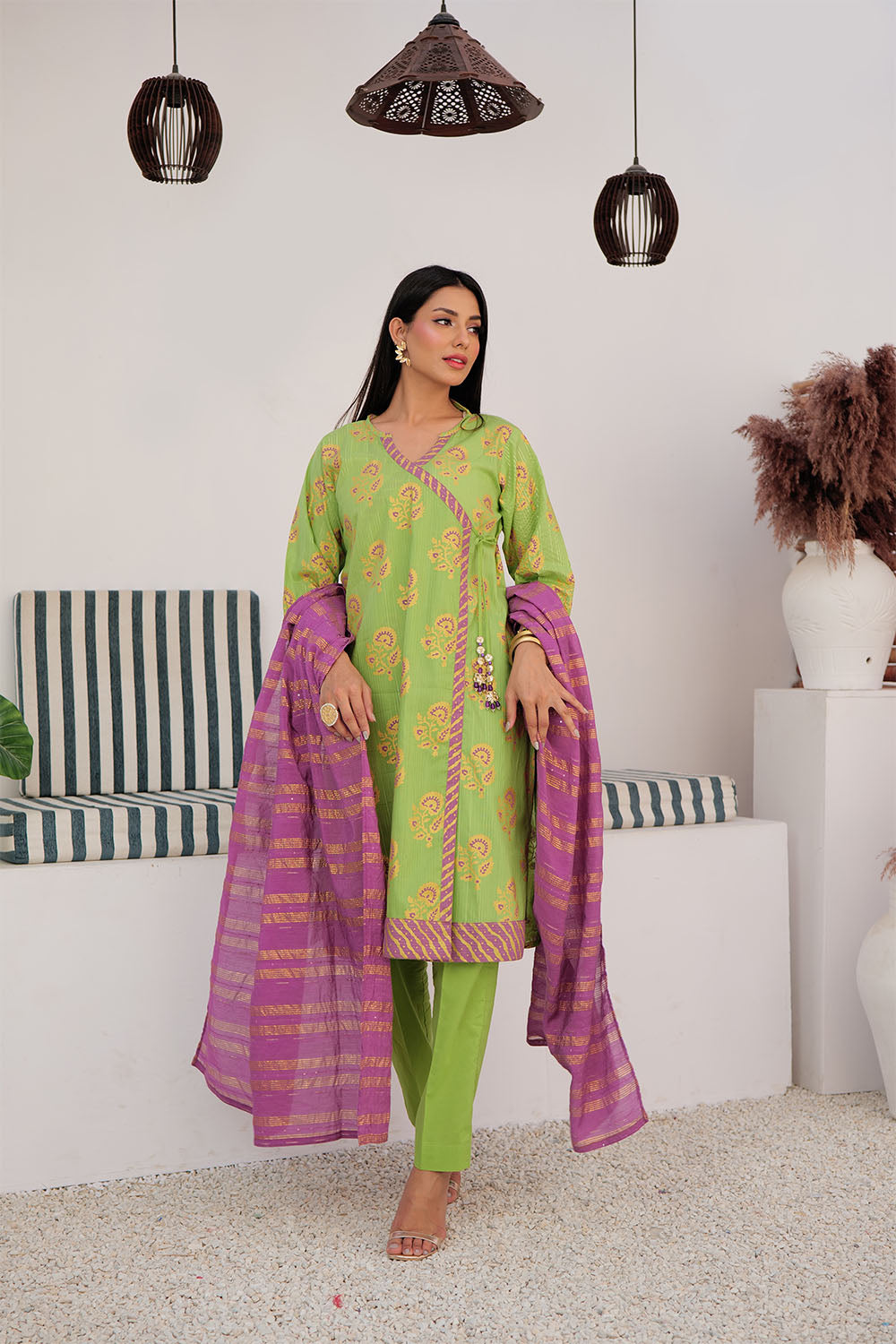 Senorita Women RTW Women Embroidered Parrot Green and Multicolor Casual Plus 3 Piece Suit Cotton Dye over Gold LBD-03021 - Summer Collection
